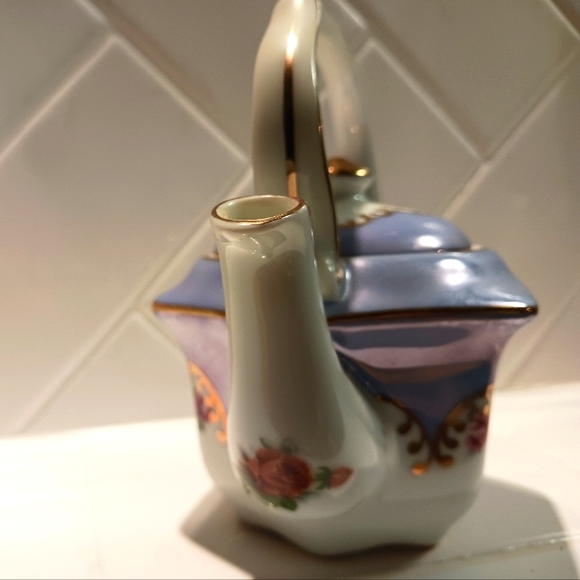 Kaldun & Bogle Flowered Blue Teapot, Roses With Gold Trim, 5 Inch - Picture 3 of 4